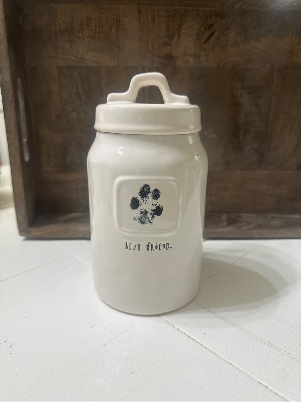 Rae Dunn Cream Ceramic Treat Canister with Black Paw